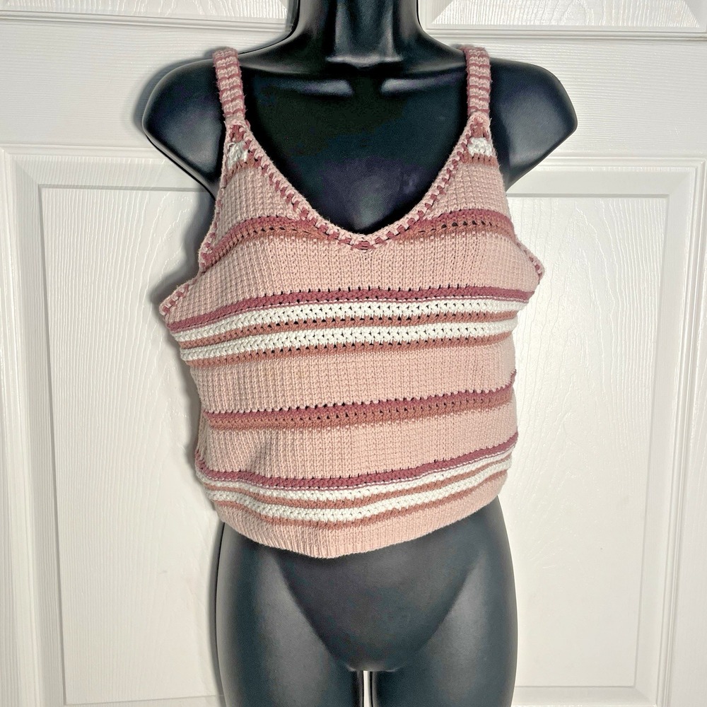 Planet Gold Cropped Striped Crochet Tank Top‎ Women L Pink Festival Cotton Blend